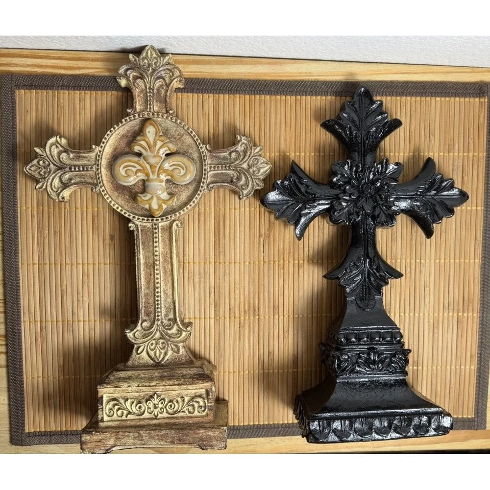 Heavy Distressed Fleur De Lis Cross Tabletop Accent Victorian Gothic Lot Of 2